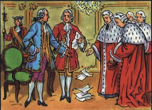 Luigi XV (1710-1774), Re di Francia, abbatte le sentenze del parlamento. Illustrazione anonima in 