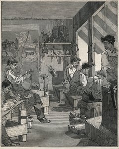 Fabbricazione di pettini in un laboratorio in Francia nel XIX secolo. Incisione del 1885 in "Les arts et métiers illustrés" di Adolphe Bitard da Anonymous Anonymous