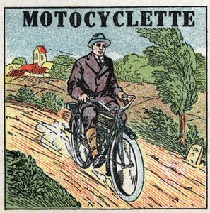 Trazione meccanica: motocicletta. Illustrazione anonima del 1925. Collezione privata.