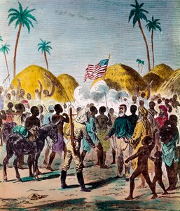 Incontro del giornalista Henry Morton Stanley (1841-1904) e David Livingstone (1813-1873), medico ed esploratore britannico, il 10/11/1871 in Tanzania. Incisione del XIX secolo Collezione privata da Anonymous Anonymous