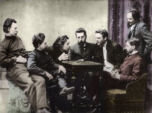Membri del circolo letterario Sreda, formato nella seconda metà degli anni 1890 da scrittori realisti russi - Ritratti di intellettuali russi del gruppo letterario Znanie: da sinistra a destra, Andrei Skitalets (Stephan Gabrilovich Petrov), Leonid Nikolaev da Anonymous Anonymous