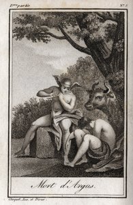 Mercurio e Argo. Morte di Argo: Mercurio suona il flauto per addormentare Argo e liberare la ninfa Io, trasformata in mucca. Incisione del 1819 in "Lettres a Emilie sur la mythologie" di Charles Albert Demoustier (1760-1801) da Anonymous Anonymous