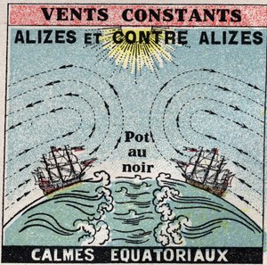 Meteorologia: venti costanti. Alisei, contro alisei, zone di calma equatoriale. Illustrazione anonima del 1925. Collezione privata.