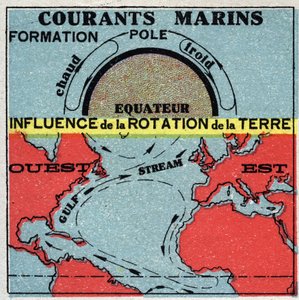 Meteorologia: correnti marine. Influenza della rotazione terrestre. Corrente del Golfo. Illustrazione anonima del 1925. Collezione privata.