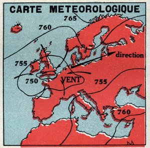 Meteorologia: mappa meteorologica. Illustrazione anonima del 1925. Collezione privata