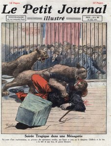 Varie: un incidente durante uno spettacolo in una menagerie, una leonessa ferisce gravemente il domatore. Illustrazione tratta da "Le petit journal" del 15/05/1921. Collezione privata da Anonymous Anonymous