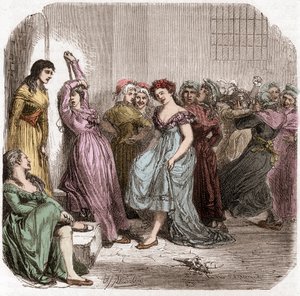 Imprigionamento di Mme Roland nella prigione di Sainte Pelagie a Parigi - Madame Roland (Manon (Jeanne Marie) Roland Philipon) (1754-1793) durante la sua detenzione a Sainte-Pelagie 1793 - Incisione in "Histoire des Girondins" di Alphonse de Lamartine 1865