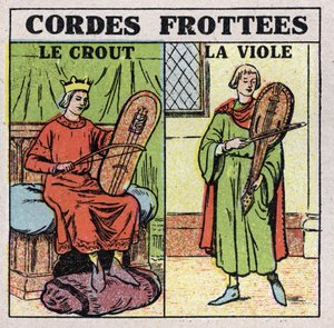 Strumenti musicali: strumenti a corda strofinati. Suonatori di crout e rapes nel Medioevo. Illustrazione anonima del 1925. Collezione privata.