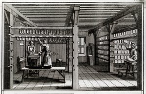 Fabbrica di carta: la fase di essiccazione. Incisione del XVIII secolo. Collezione privata da Anonymous Anonymous