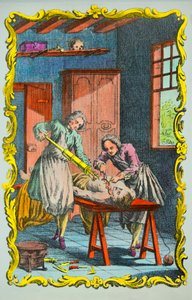 Medico che studia il movimento del sangue: frontespizio del "Mémoire sur le mouvement du sang et sur les effets de la saignée" di Albrecht von Haller (1756). Collezione privata