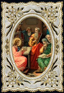 Immagine pia: Gesù bambino con i dottori. Carta dentellata. Cromolitografia inizio XX secolo Collezione privata