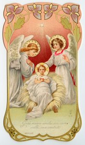 Immagine pia: Natività di Gesù con due angeli (cromolitografia)