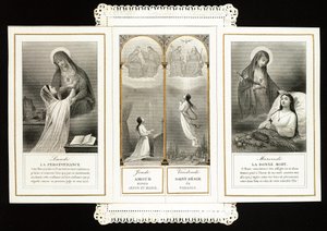 Immagine pia: perseveranza, Amore verso Gesù e Maria, il Santo Desiderio del Paradiso, la Buona Morte. Carta dentellata in trittico. XIX secolo. Collezione privata da Anonymous Anonymous