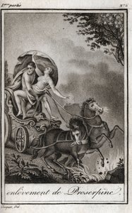 Plutone (Ade) prende Persefone (Proserpina) davanti a sua madre, Cerere (Demetra), e la porta nel regno degli Inferi. Plutone rapisce Persefone nel suo regno, l