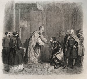 Papa San Pio V (Pio) (1566-1572) riceve il vincitore della Battaglia di Lepanto. Incisione del 1846 in 