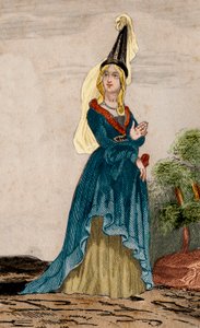 Ritratto di Giovanna di Fiandra (1295-1374), moglie di Giovanni di Montfort, Duca di Bretagna (1293-1345). Incisione del 1859 in "Le Monde. Storia di tutti i popoli dai tempi più remoti ai giorni nostri" di M. E. de Lostalot-Bachoue. Collezione privata.