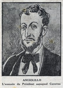 Ritratto di Michele Angiolillo Lombardi detto Jose Sants o Rinaldini, anarchico italiano (1871-1897) assassino del Presidente del Consiglio spagnolo, Antonio Canovas del Castillo (1828-1897). Incisione in "L
