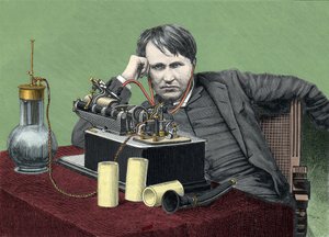 Ritratto di Thomas Edison (1847-1931), fisico americano, con il suo fonografo. Incisione intorno al 1900. da Anonymous Anonymous