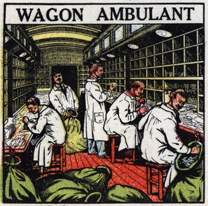 Ufficio postale: ufficio postale ambulante in un vagone ferroviario. Illustrazione anonima del 1925. Collezione privata. da Anonymous Anonymous