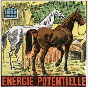 Energia potenziale: cavalli che riposano in una stalla. Illustrazione anonima del 1925. Collezione privata