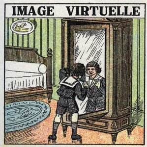 Riflessione della luce: immagine virtuale. Un bambino contempla il suo riflesso in uno specchio. Illustrazione anonima del 1925. Collezione privata. da Anonymous Anonymous