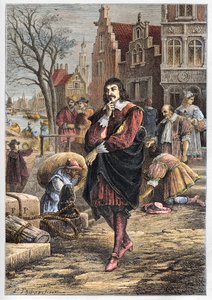 Rene Descartes (1596-1650), filosofo e matematico francese che cammina per le strade di Amsterdam - Descartes ad Amsterdam - incisione da 