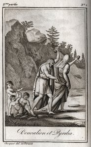 Rappresentazione di Deucalione e Pirra, gli unici sopravvissuti dopo il diluvio causato da Zeus per distruggere la razza umana. Temi dopo il diluvio chiede loro di camminare con la testa coperta gettando dietro di loro le ossa della loro madre (le pietre d da Anonymous Anonymous