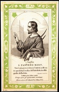 Rappresentazione di San Panteno di Alessandria Immagine pia. Cartolina. Inizio del XX secolo. Collezione privata