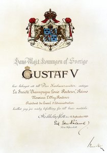 Brevetto reale assegnato alla Casa Louis Roederer dal Re di Svezia nel 1929