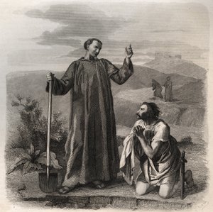 San Benedetto da Norcia accoglie Totila (VI secolo) re degli Ostrogoti. Incisione del 1846 in 