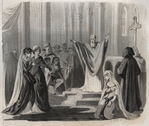 San Dunstan (ca. 909-988), vescovo di Canterbury, benedettino e riformatore della vita monastica in Inghilterra, annuncia la sua imminente morte al popolo. Incisione del 1846 in “Lives of the saints” da Anonymous Anonymous