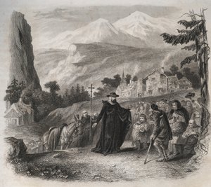 San Francesco di Sales (1567-1622), vescovo di Ginevra in visita pastorale. Incisione del 1846 in 