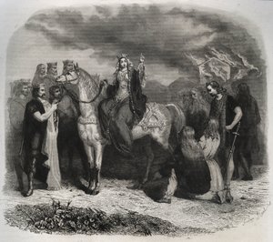 Santa Radegonda (Radegonda di Poitiers, 519-587) brucia un tempio pagano e converte i Galli alla religione cristiana. Incisione del 1846 in 