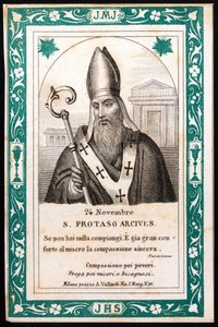 San Protasio, vescovo di Milano Immagine pia. Cartolina. Inizio del XX secolo. Collezione privata