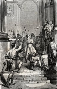 Saturnino di Tolosa (San Sernin, primo vescovo cristiano di Tolosa) fermato al Campidoglio di Tolosa - Incisione del 1846 in "Lives des saints". Collezione privata da Anonymous Anonymous