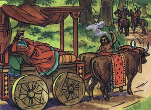 Scena che raffigura i re pigri: Re di Francia Thierry III (673-691) trasportato in un carro con un letto trainato da buoi. Illustrazione anonima in “Collection des souverains et chefs d