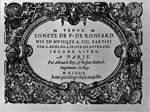 Secondo volume dei Sonetti del poeta francese Pierre de Ronsard (1524-1585) messi in musica da Guillaume Boni. Parigi 1579 da Anonymous Anonymous