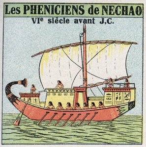 Navi e navi: marinai fenici al servizio del faraone Nechao nel VII secolo a.C. Illustrazione anonima del 1925. Collezione privata