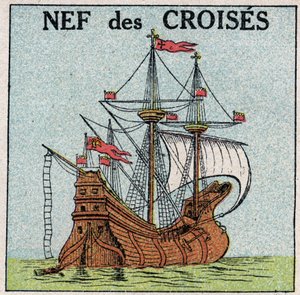 Navi e navi: la nave reale "Montjoie" di re San Luigi (1214-1270) durante le crociate. Illustrazione anonima del 1925. Collezione privata. da Anonymous Anonymous