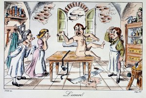 Errore chirurgico: un adesivo satirico che rappresenta i rischi corsi dai pazienti consegnati nelle mani di cattivi medici, un esempio di trapianto di braccio al posto della gamba. Incisione del XIX secolo da Anonymous Anonymous