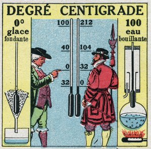 Temperatura ed espansione: Grado centigrado. Confronto tra gradi Fahrenheit e gradi Celsius. Illustrazione anonima del 1925. Collezione privata. da Anonymous Anonymous