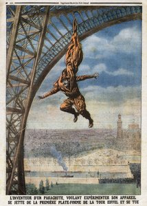 Il sarto francese di origine austriaca Franz Reichelt, inventore di un paracadute, si lancia dalla prima piattaforma della Torre Eiffel e si uccide. Incisione in "Le Petit Journal" da Anonymous Anonymous