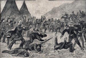 La rivolta indiana negli Stati Uniti: una lotta tra indiani Sioux e truppe americane. Incisione in 