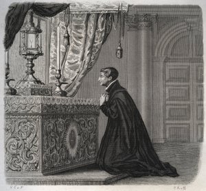 Il gesuita italiano Luigi Gonzaga (San Luigi Gonzaga) (1568-1591) in preghiera. Incisione del 1846 in 