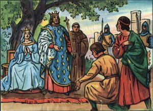Il Re di Francia San Luigi (Luigi IX 1214-1270) che fa giustizia sotto la quercia del Bois de Vincennes. Illustrazione anonima in “Collection des souverains et chefs d