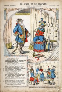 La scimmia e il leopardo. Illustrazione anonima per Les Fables di Jean de La Fontaine. Imaging di Pont-a-Mousson, circa 1880. Collezione privata.