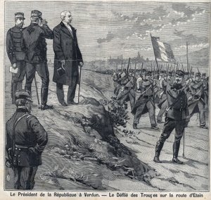 Il Presidente della Repubblica Felix Faure (1841-1899) visita Verdun (Meuse): la sfilata della scuola militare della strada di Etin. Incisione in "Le Petit Parisien"