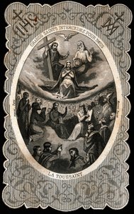 La Vergine Maria con la Santissima Trinità (Dio, Gesù Cristo e la colomba dello Spirito Santo). Carta dentellata. XIX secolo. Collezione privata da Anonymous Anonymous