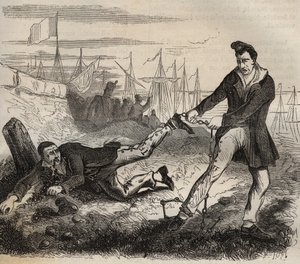 Il più grande tormento del forzato è essere un compagno di catena. Lotta tra due prigionieri legati dalla stessa catena. Bagno di Rochefort nel XIX secolo. Incisione in 