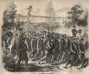 La catena iniziata al Bagne di Tolone nel XIX secolo. Incisione in "Histoire des bagnes depuis leur création à nos jours" (1877) di Pierre Zaccone (1817-1895). Collezione privata da Anonymous Anonymous